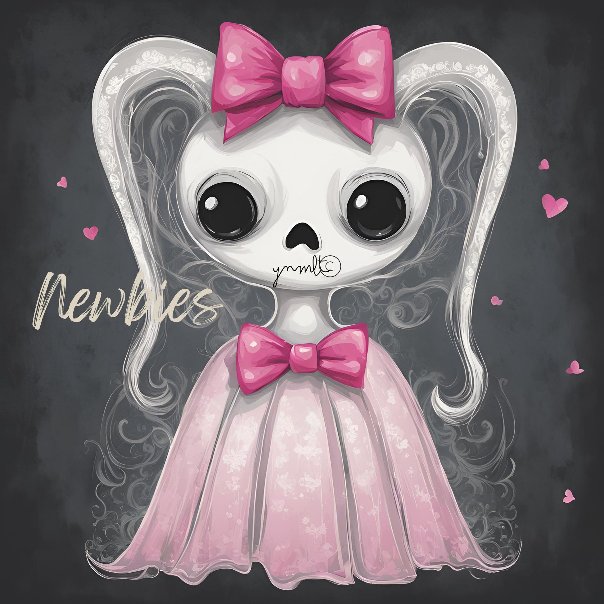 The Boo Oracle Cartoon skull character with pink bow and dress on a dark background