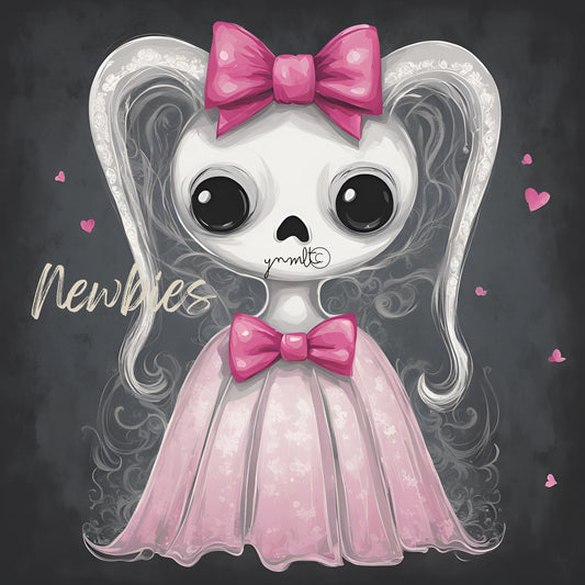 The Boo Oracle Cartoon skull character with pink bow and dress on a dark background