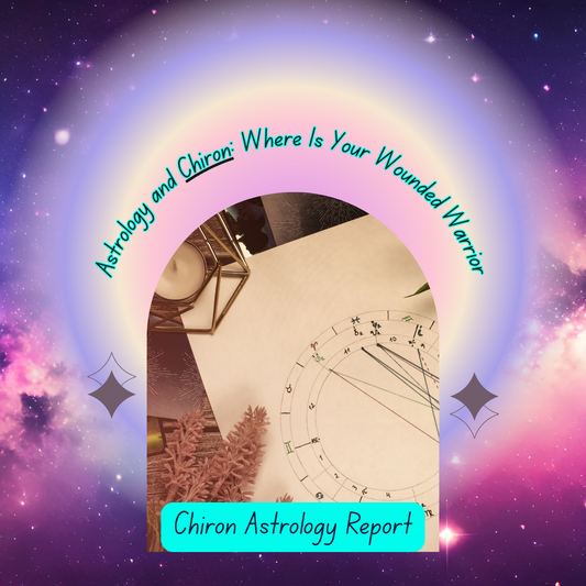 Promotional image for an Astrology and Chiron report service, featuring a purple and pink cosmic background, stars, and a document with astrological chart details.