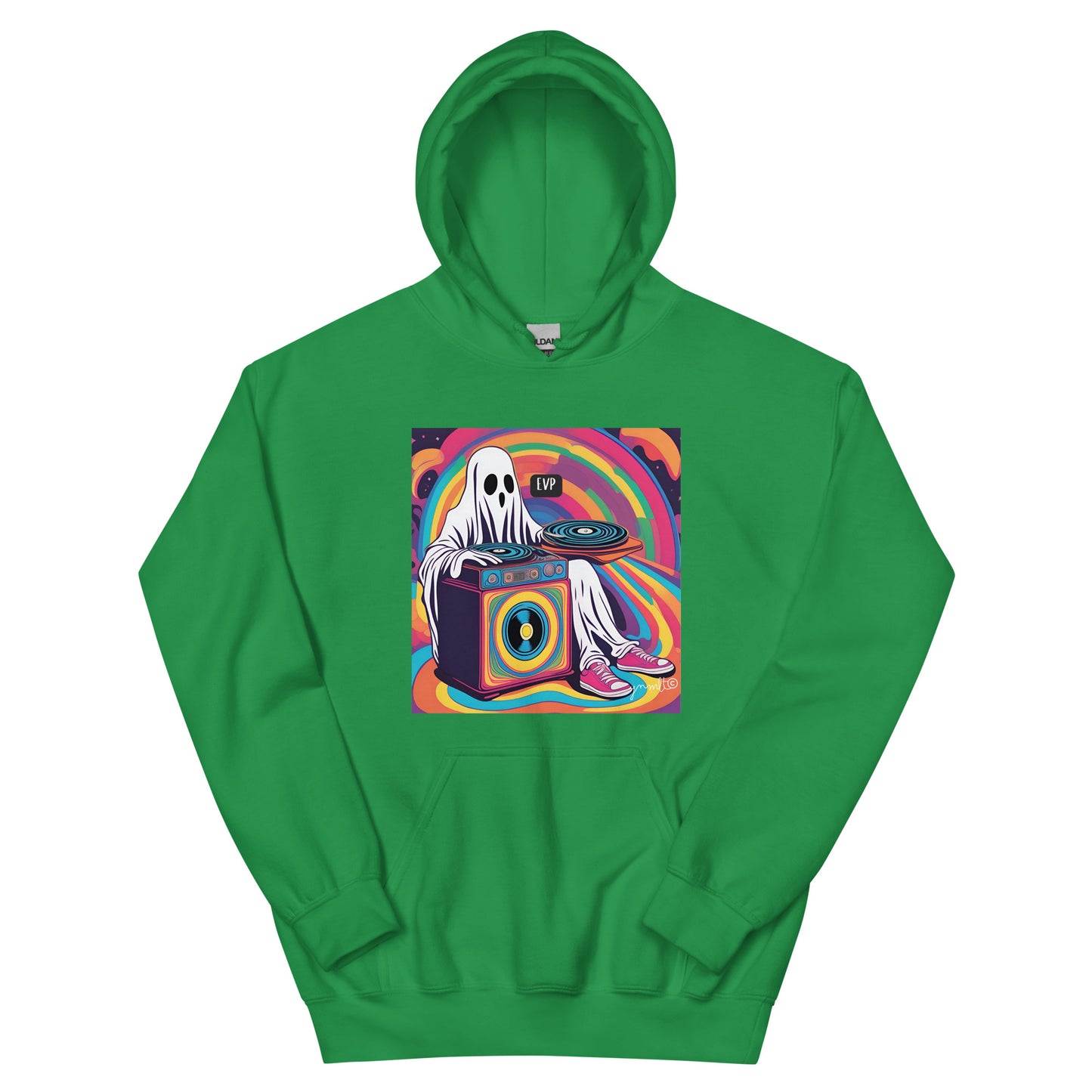 Green hoodie with a colorful graphic of a ghost on a turntable on a white background