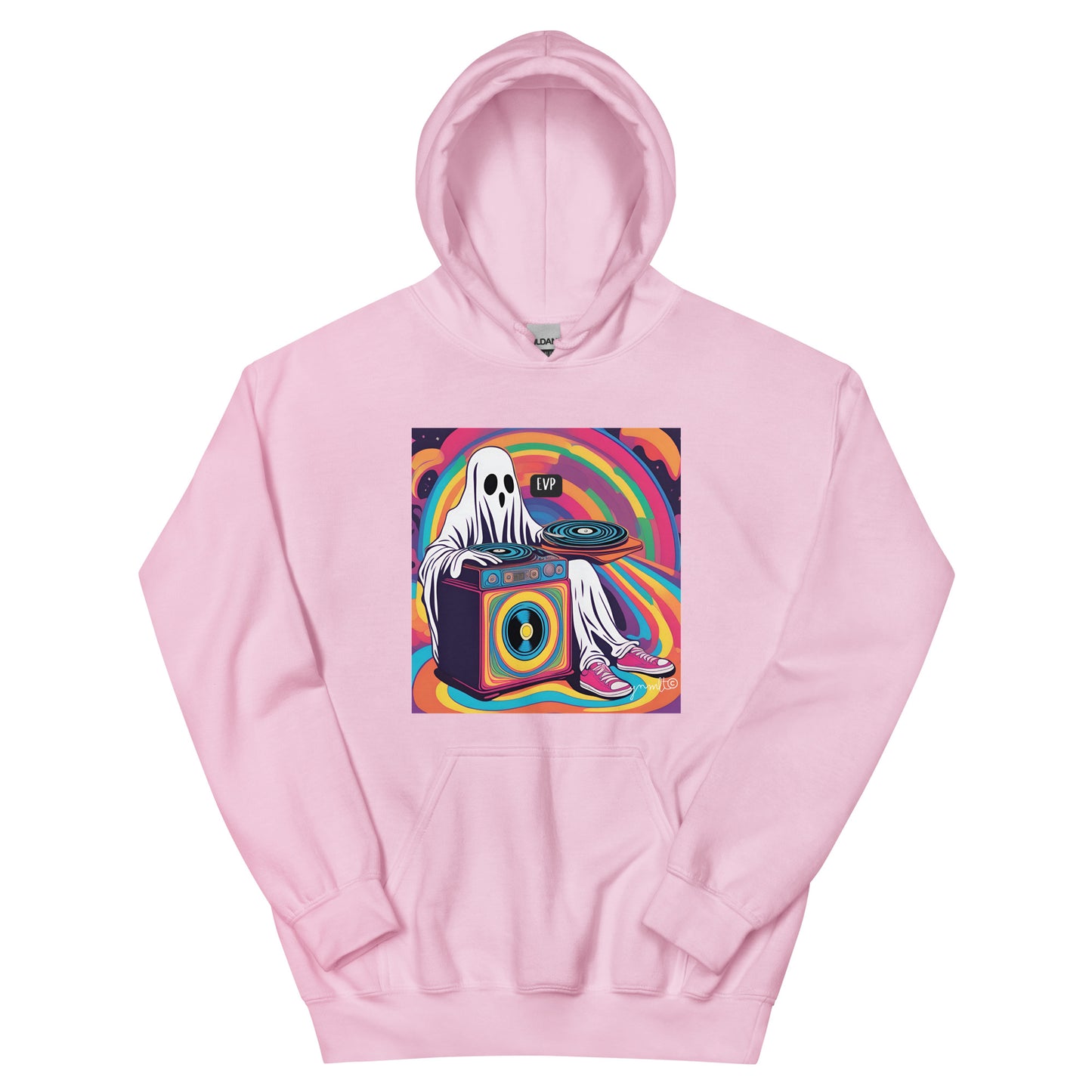 Pink hoodie with a colorful graphic of a ghost on a turntable on a white background