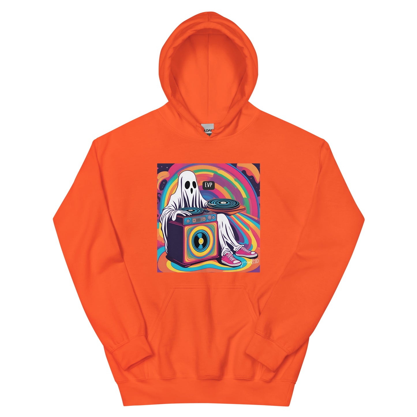 Orange hoodie with a graphic of a ghost on a turntable against a colorful abstract background.