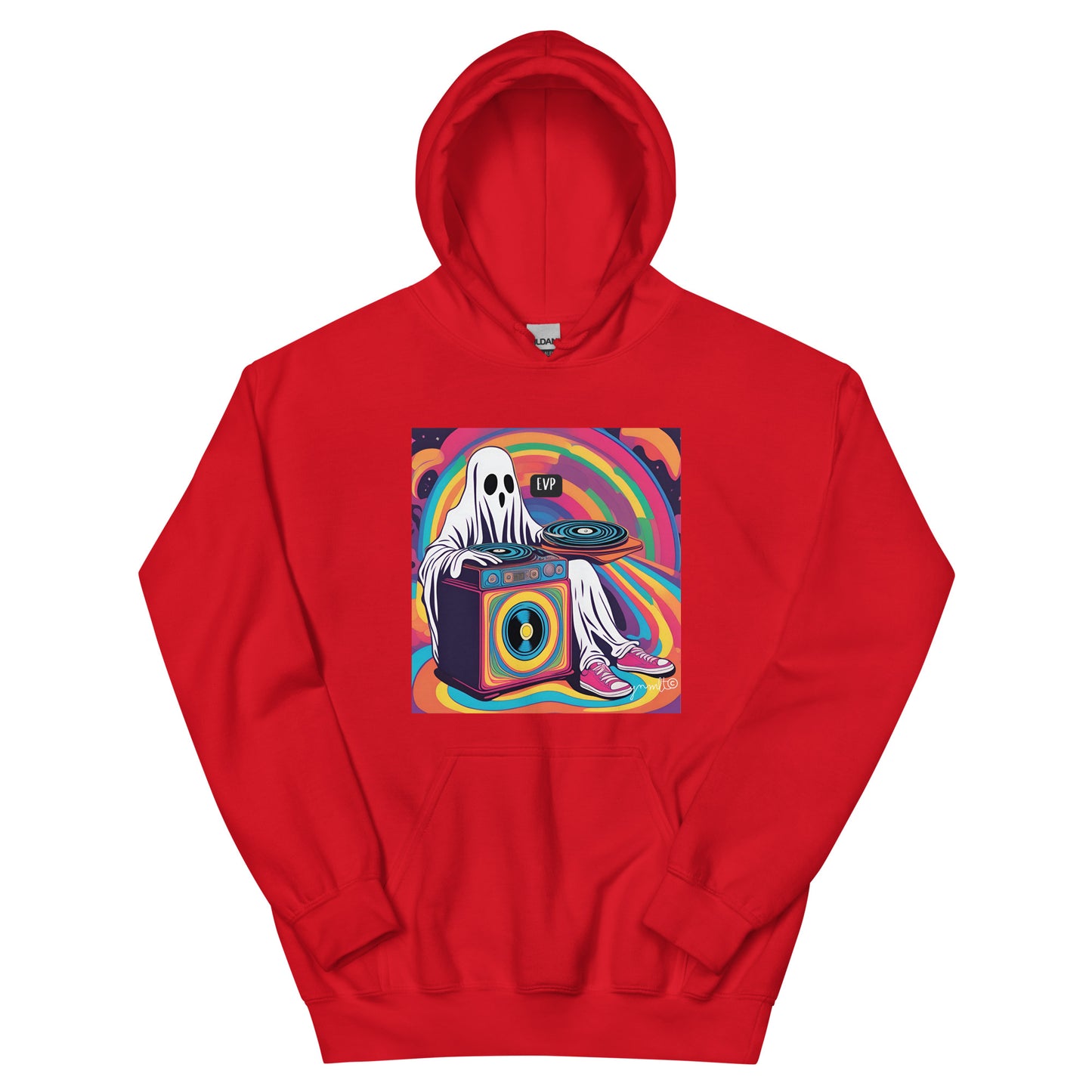 Red hoodie with a colorful graphic of a ghost on a turntable on a white background