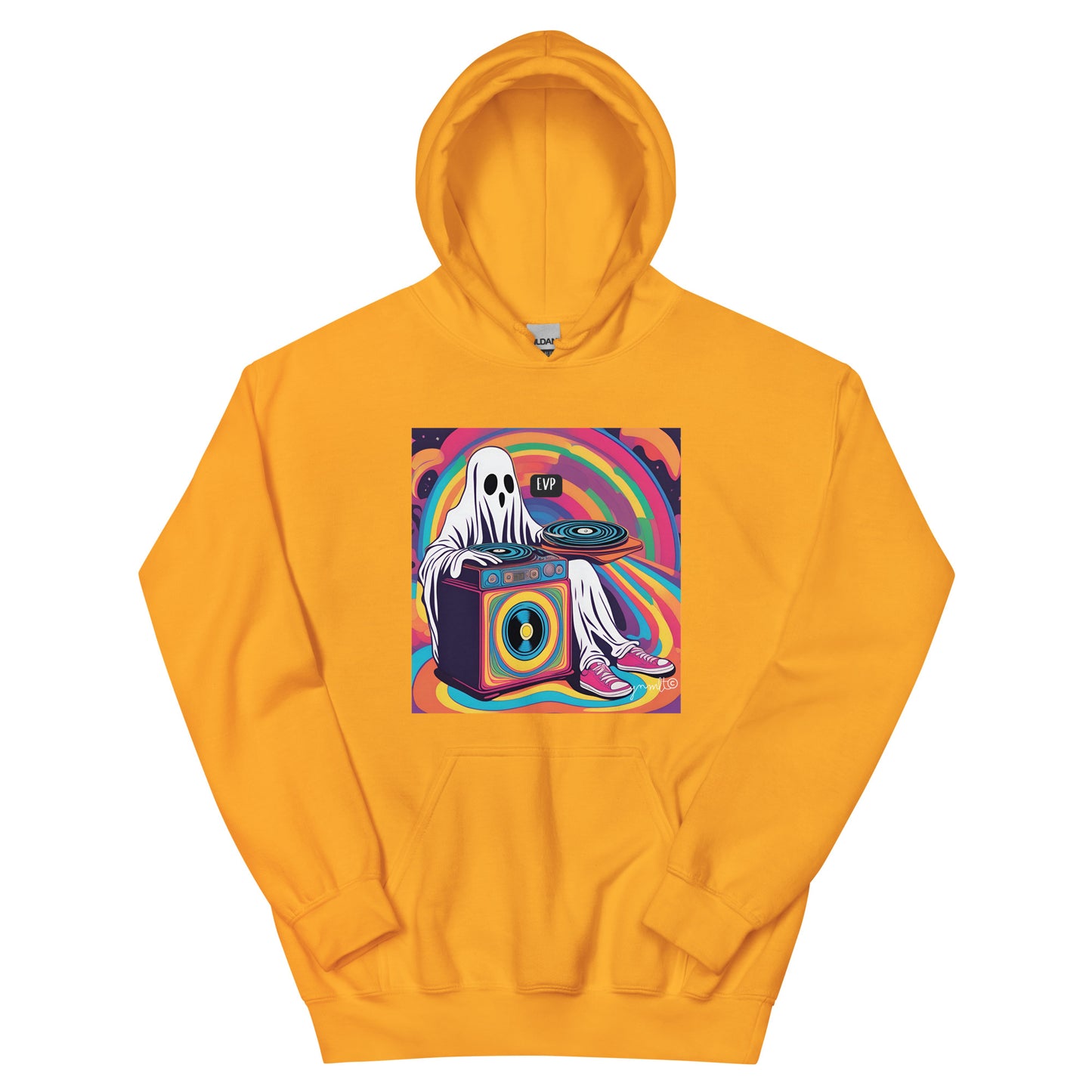 Yellow hoodie with a graphic of a ghost on a turntable against a colorful spiral background.