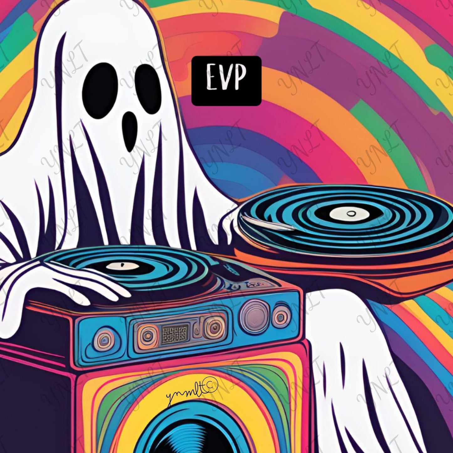 Colorful artwork of a ghost with a turntable against a rainbow background, featuring the text 'EVP'.