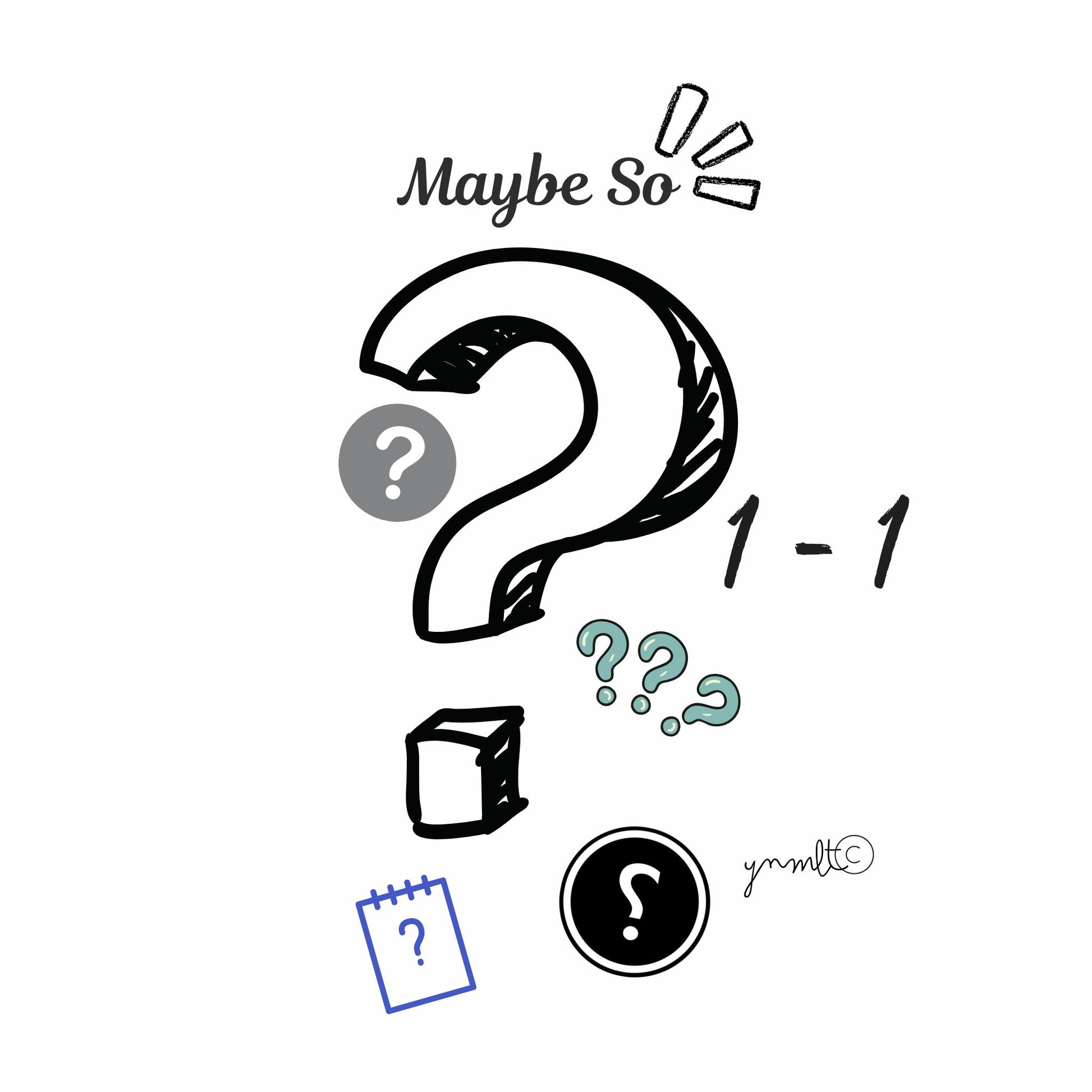 Illustrations of question marks and related symbols with text 'Maybe So' on a white background. The Yes No Maybe So Oracle Deck