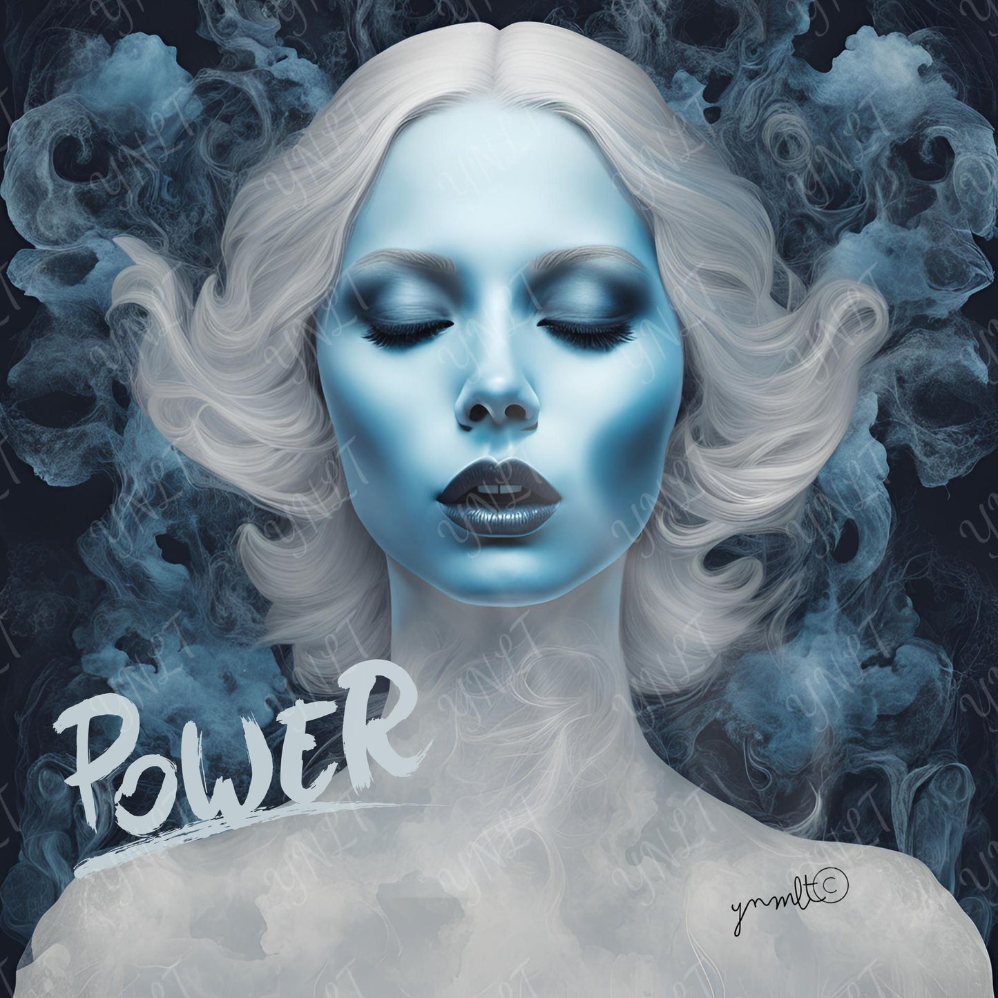 Artistic depiction of a woman with blue face and white hair against a dark background with the word 'POWER'.