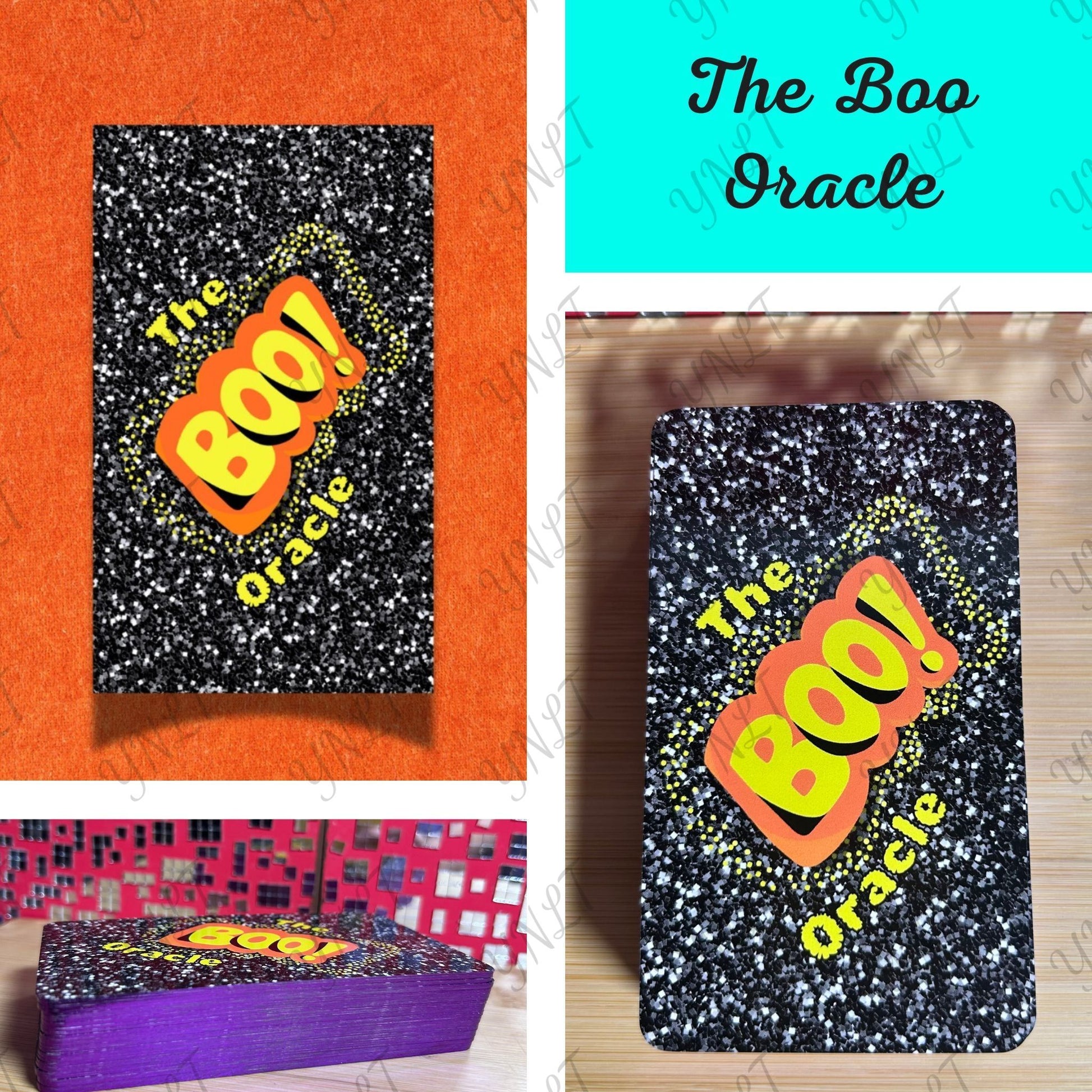 Black glittery book titled 'The Boo Oracle' on an orange and pink patterned background.