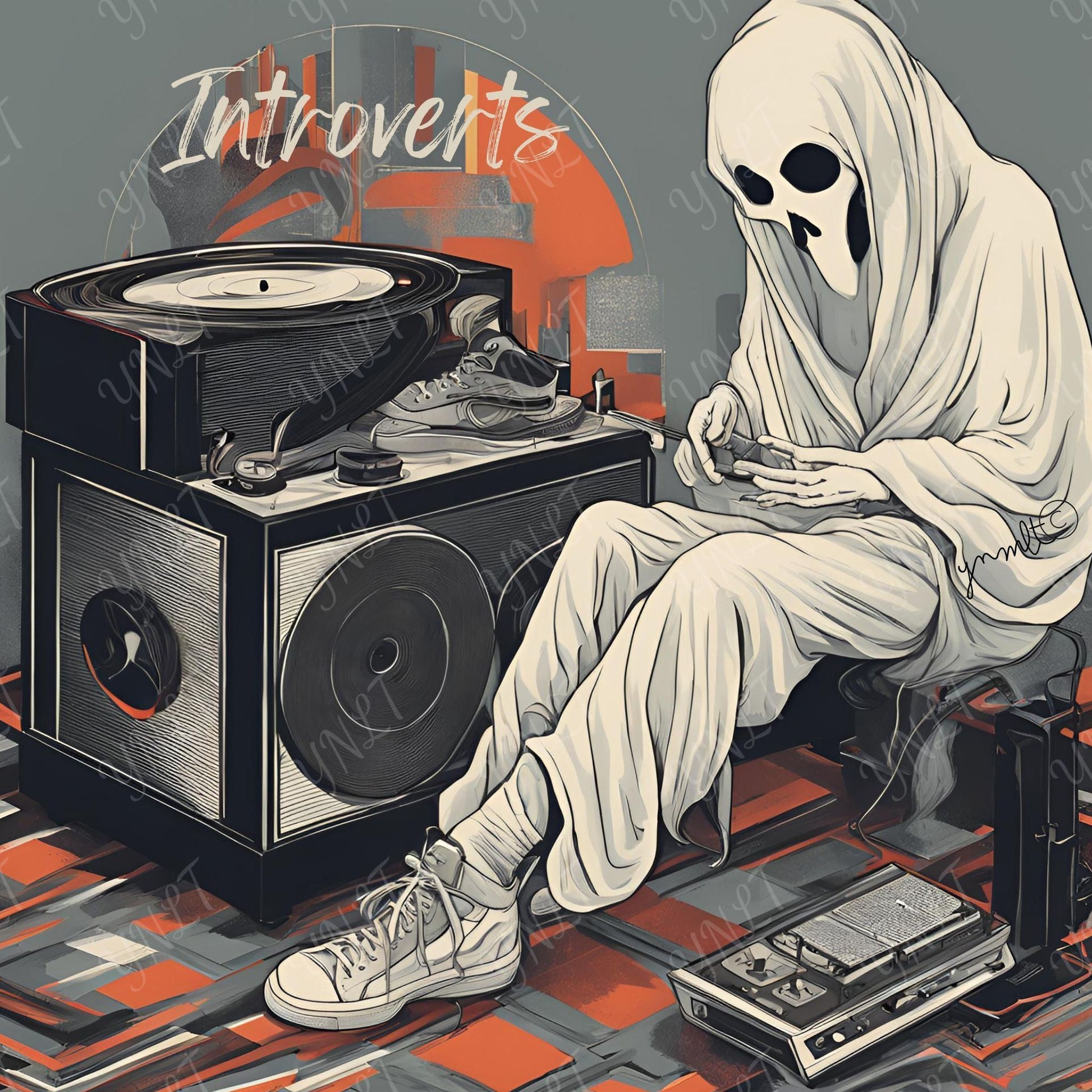 The Boo Oracle ghost costume sitting next to a record player with 'Introverts' text above.