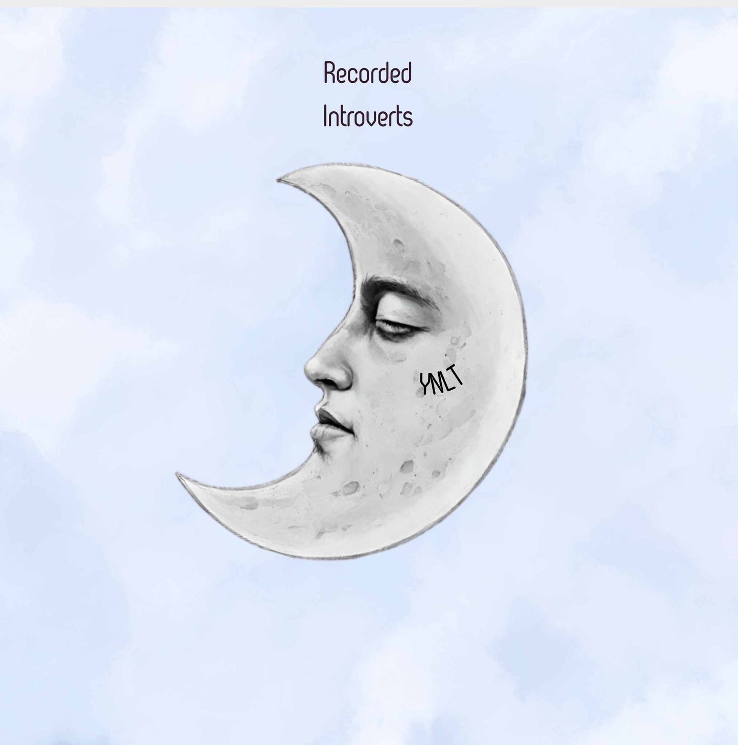 Album cover with a crescent moon featuring a face and 'Recorded Introverts' text on a light blue background.