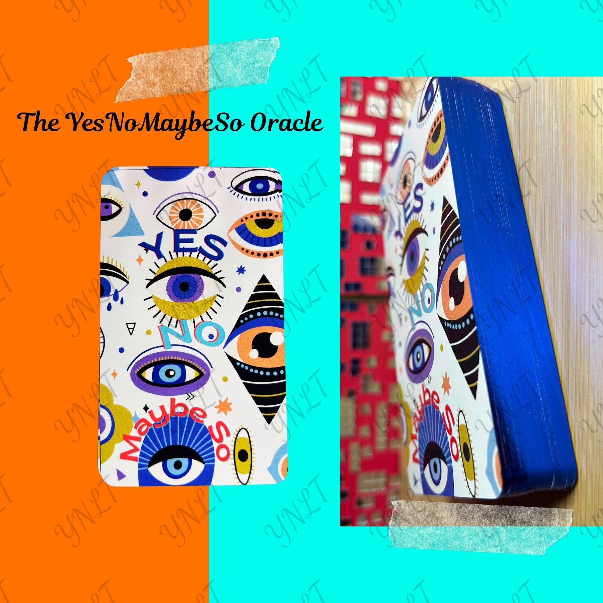 Colorful Oracle card with 'YES', 'NO', and 'Maybe' on an orange and blue background.
