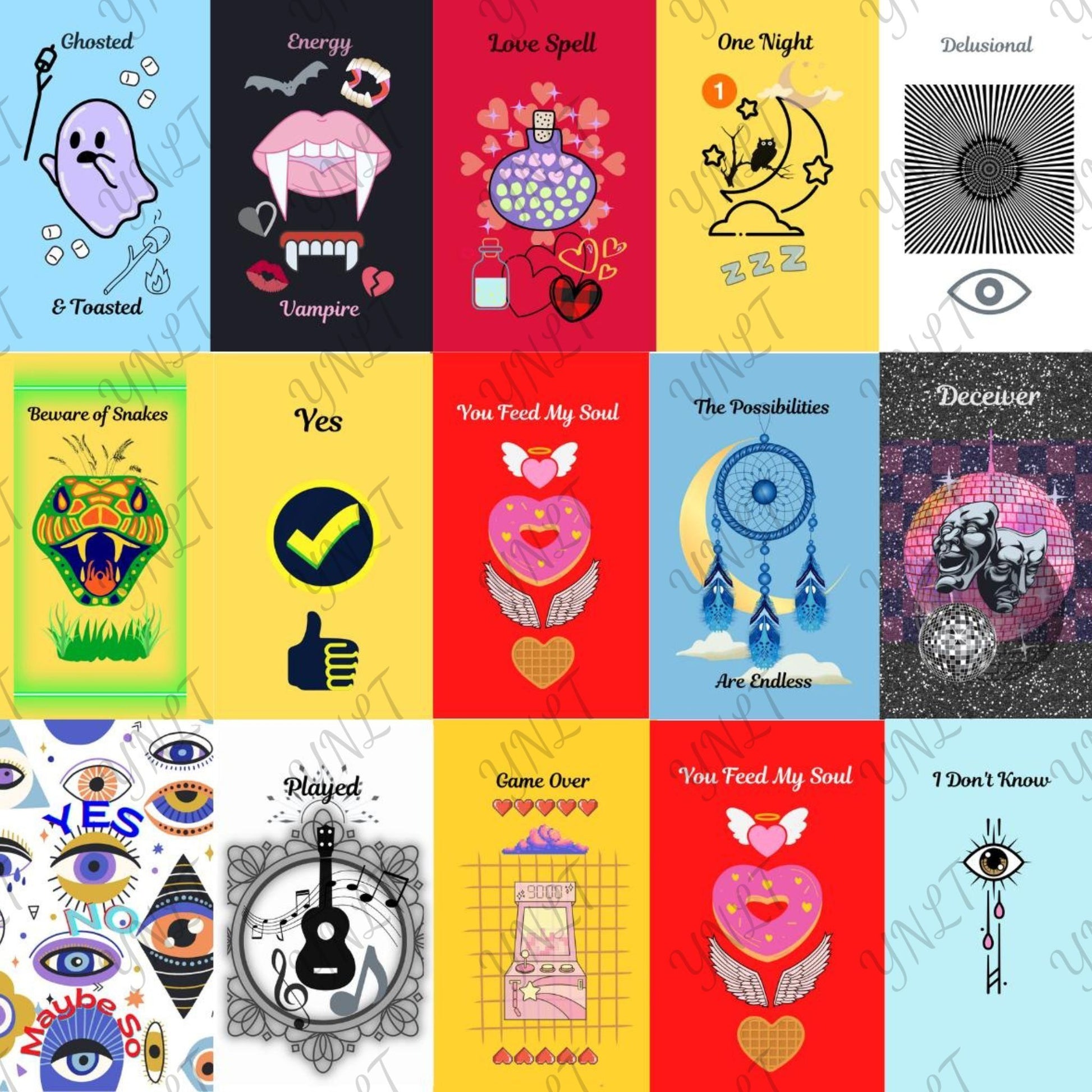 Grid of colorful tarot card-style illustrations with various designs and text.