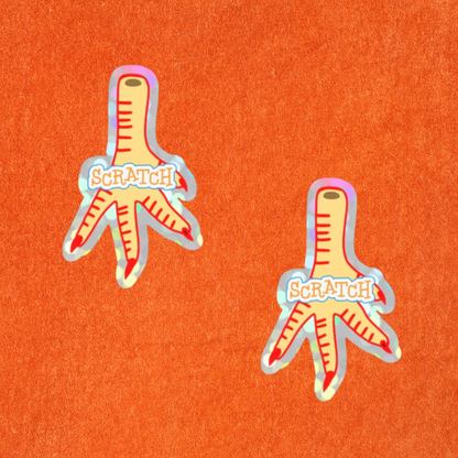 Two feet shaped scratchers with 'Scratch' text on an orange background