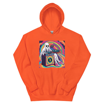 Orange hoodie with a graphic of a ghost on a turntable against a colorful abstract background.