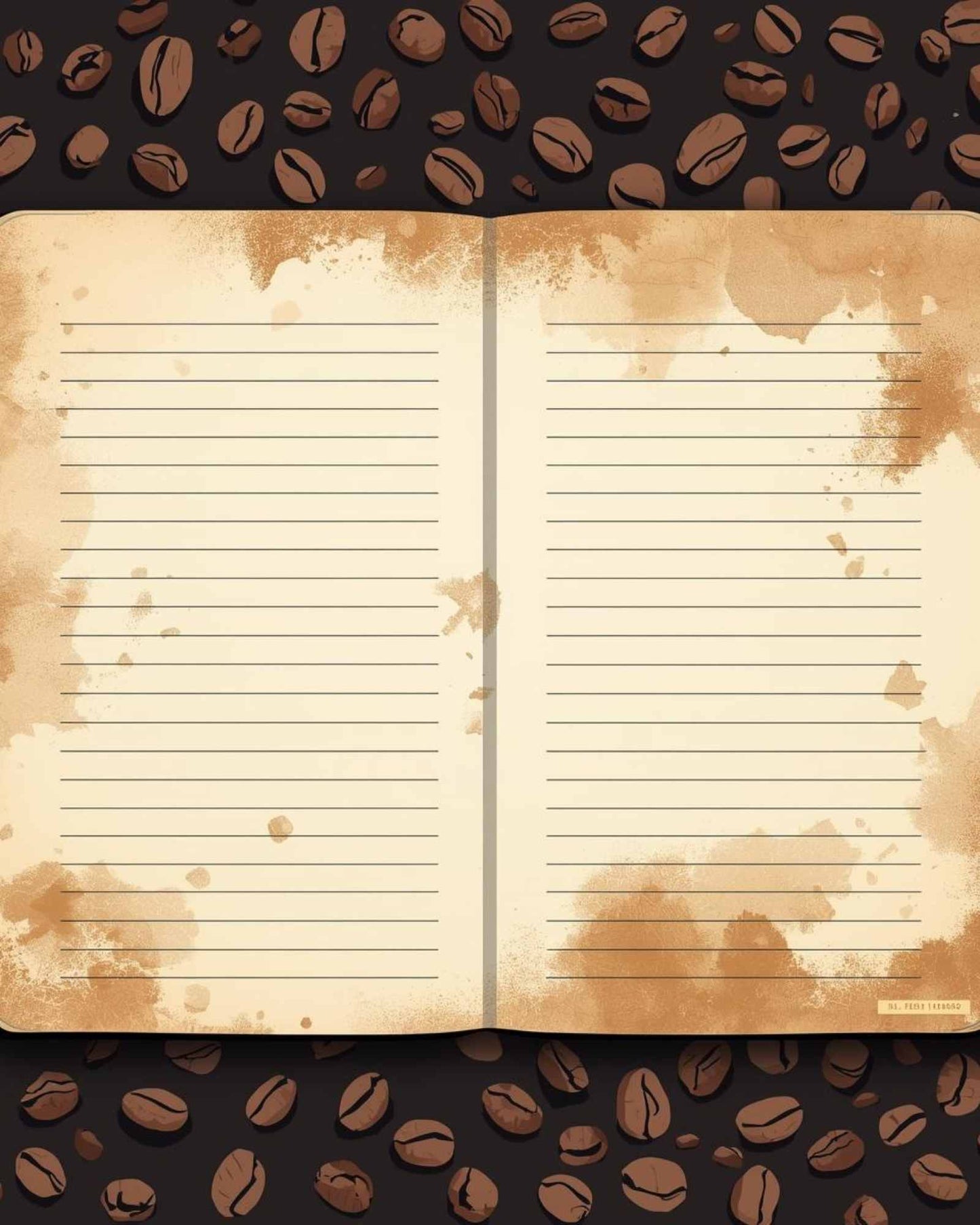Open notebook with lined pages on a background of coffee beans