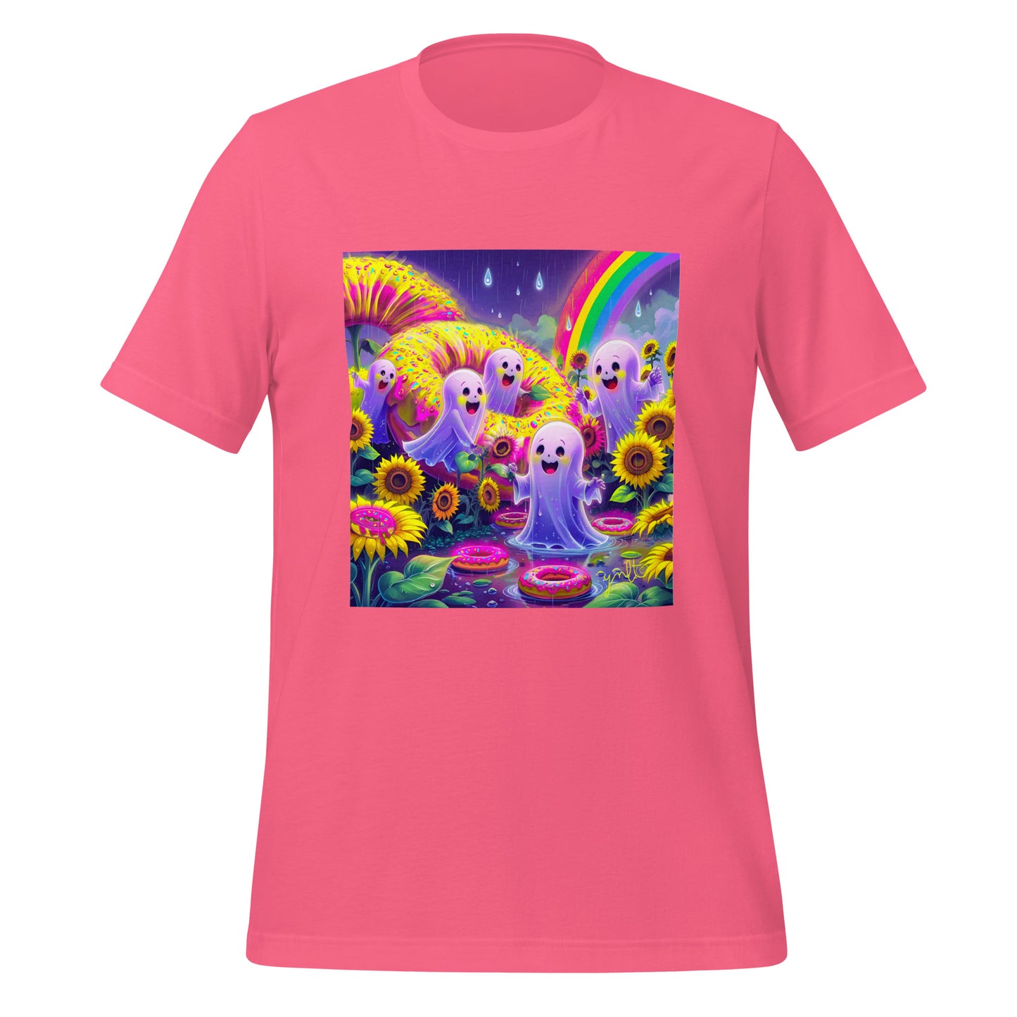 Pink t-shirt with a colorful graphic of ghosts, flowers, and a rainbow on a white background