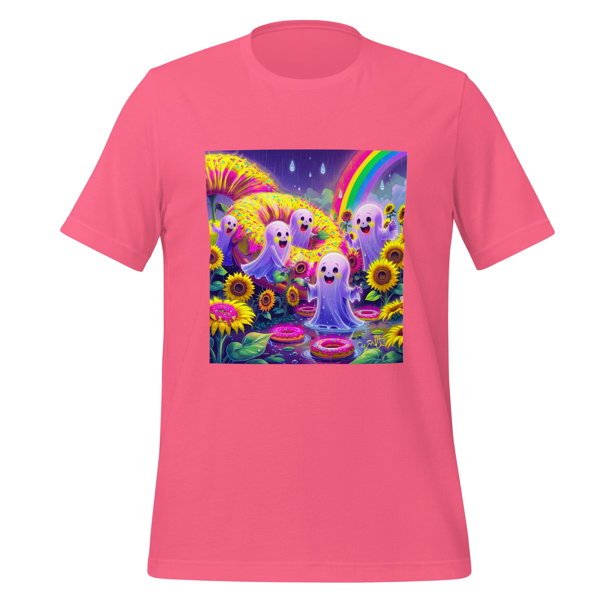 Pink t-shirt with a colorful graphic of ghosts, flowers, and a rainbow on a white background