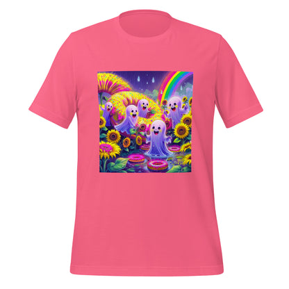 Pink t-shirt with a colorful graphic of ghosts, flowers, and a rainbow on a white background