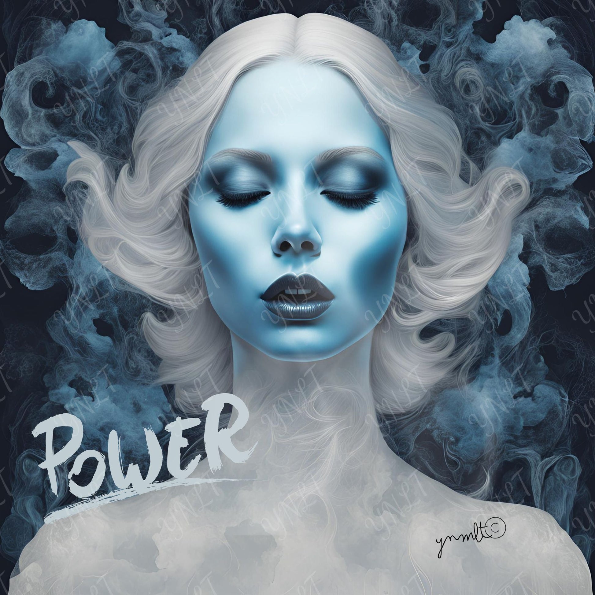 Artistic depiction of a woman with blue face and white hair against a dark background with the word 'POWER'.