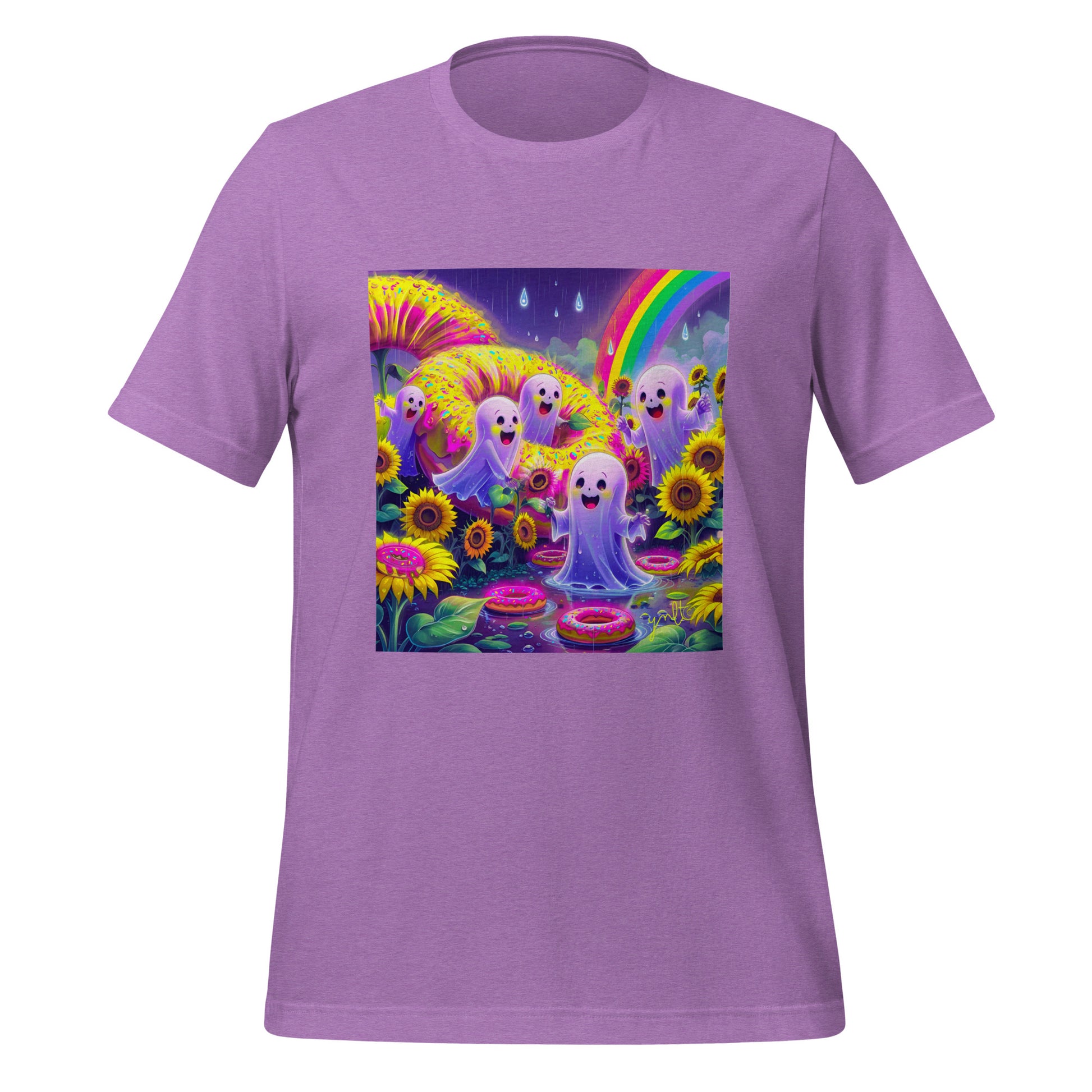 Purple t-shirt with a colorful graphic of ghosts, flowers, and a rainbow on a white background
