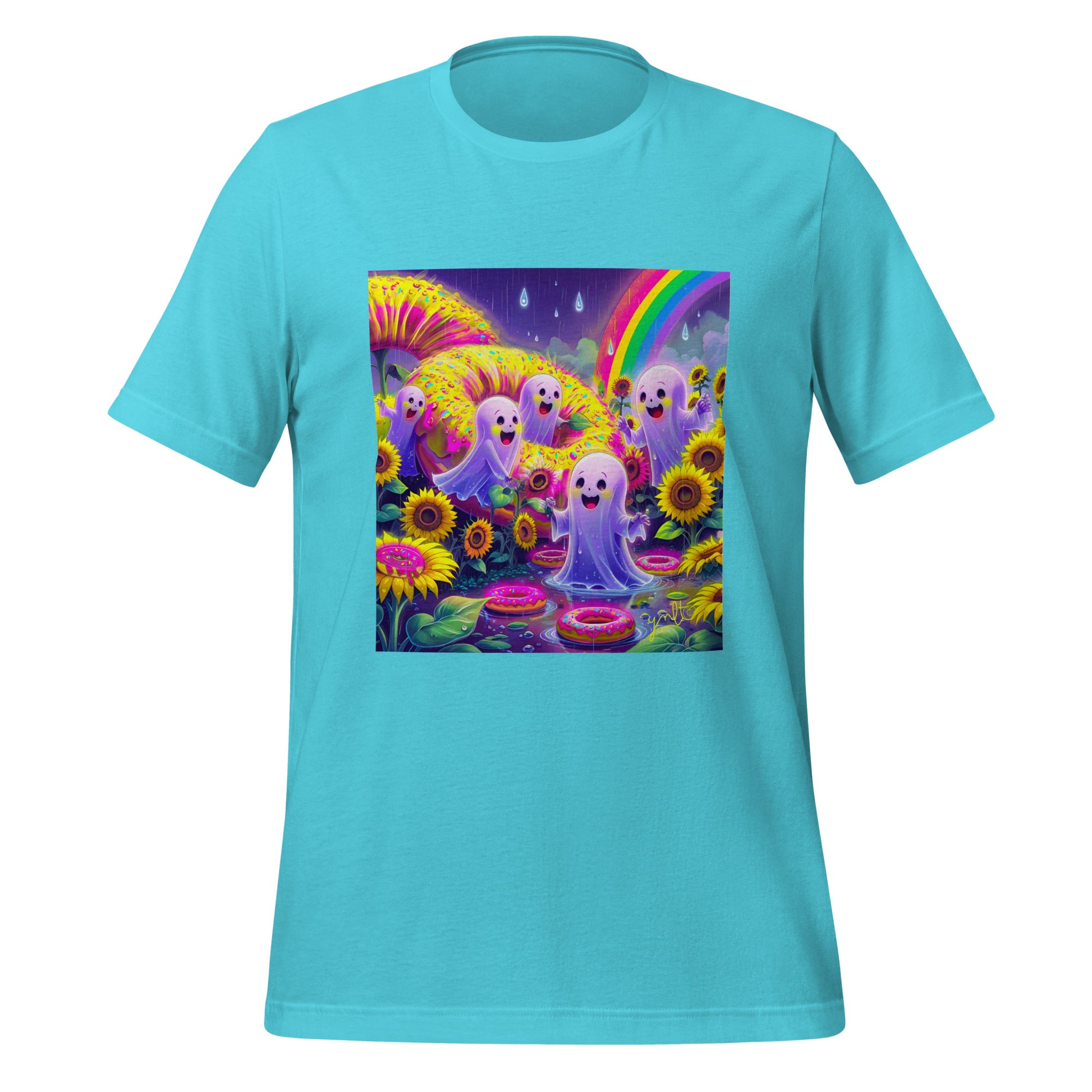 Turquoise t-shirt with a colorful graphic of ghosts, flowers, and a rainbow on a white background.