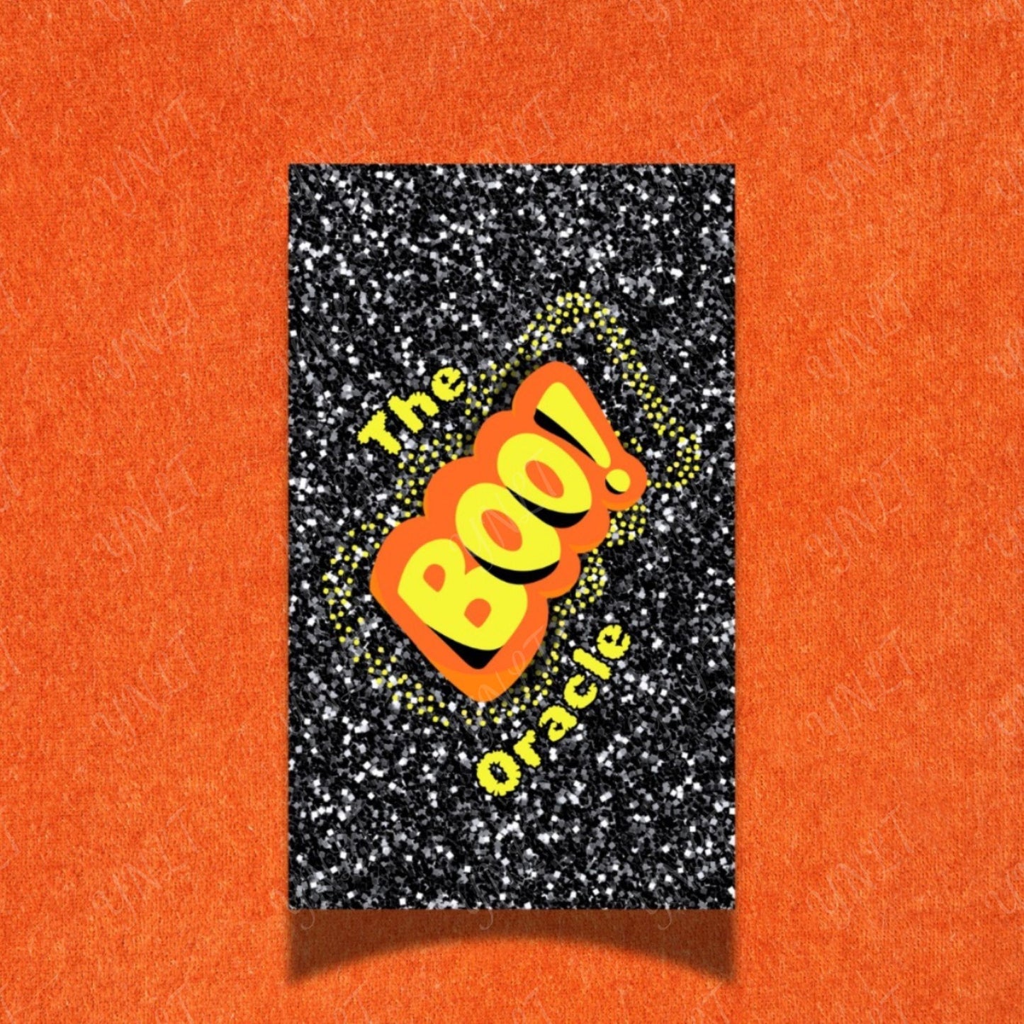 Book titled 'The BOO! Oracle' on a glittery black background with an orange border