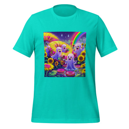 Turquoise t-shirt with a colorful graphic of ghosts, flowers, and a rainbow on a white background