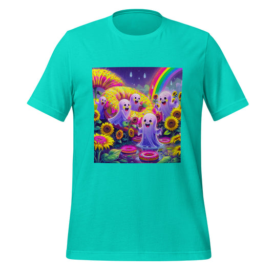 Turquoise t-shirt with a colorful graphic of ghosts, flowers, and a rainbow on a white background