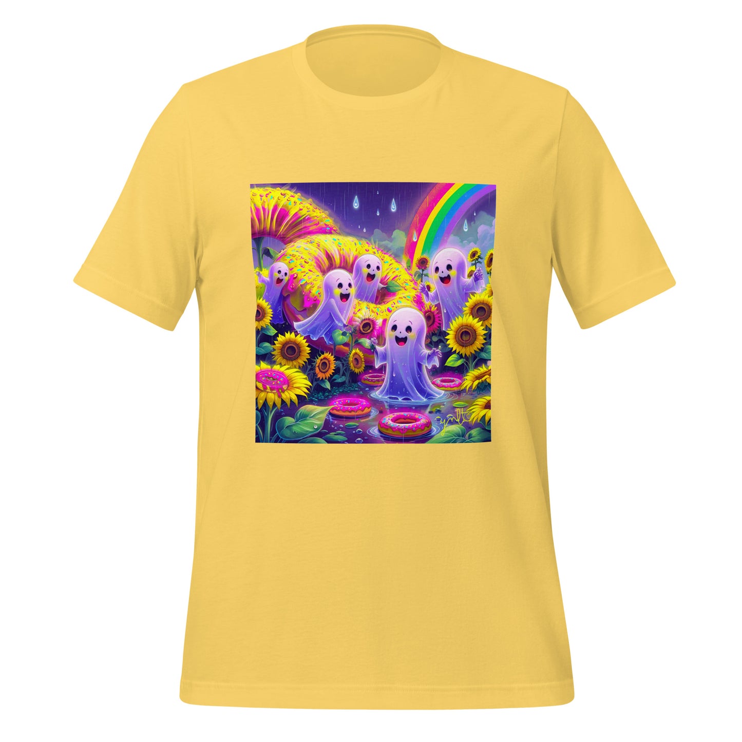 Yellow t-shirt with a colorful graphic of ghosts, sunflowers, and a rainbow on a white background.