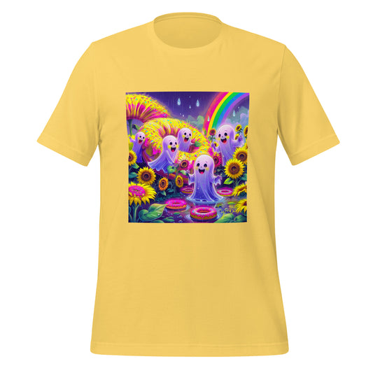 Yellow t-shirt with a colorful graphic of ghosts, sunflowers, and a rainbow on a white background.