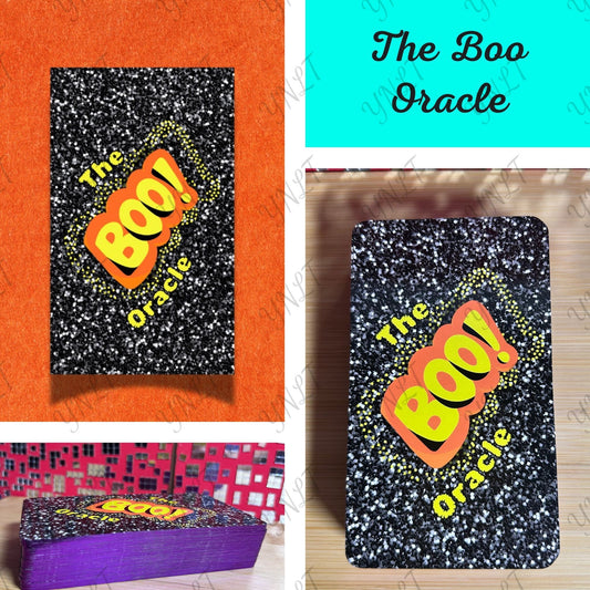 Black glittery book titled 'The Boo Oracle' on an orange and pink patterned background.