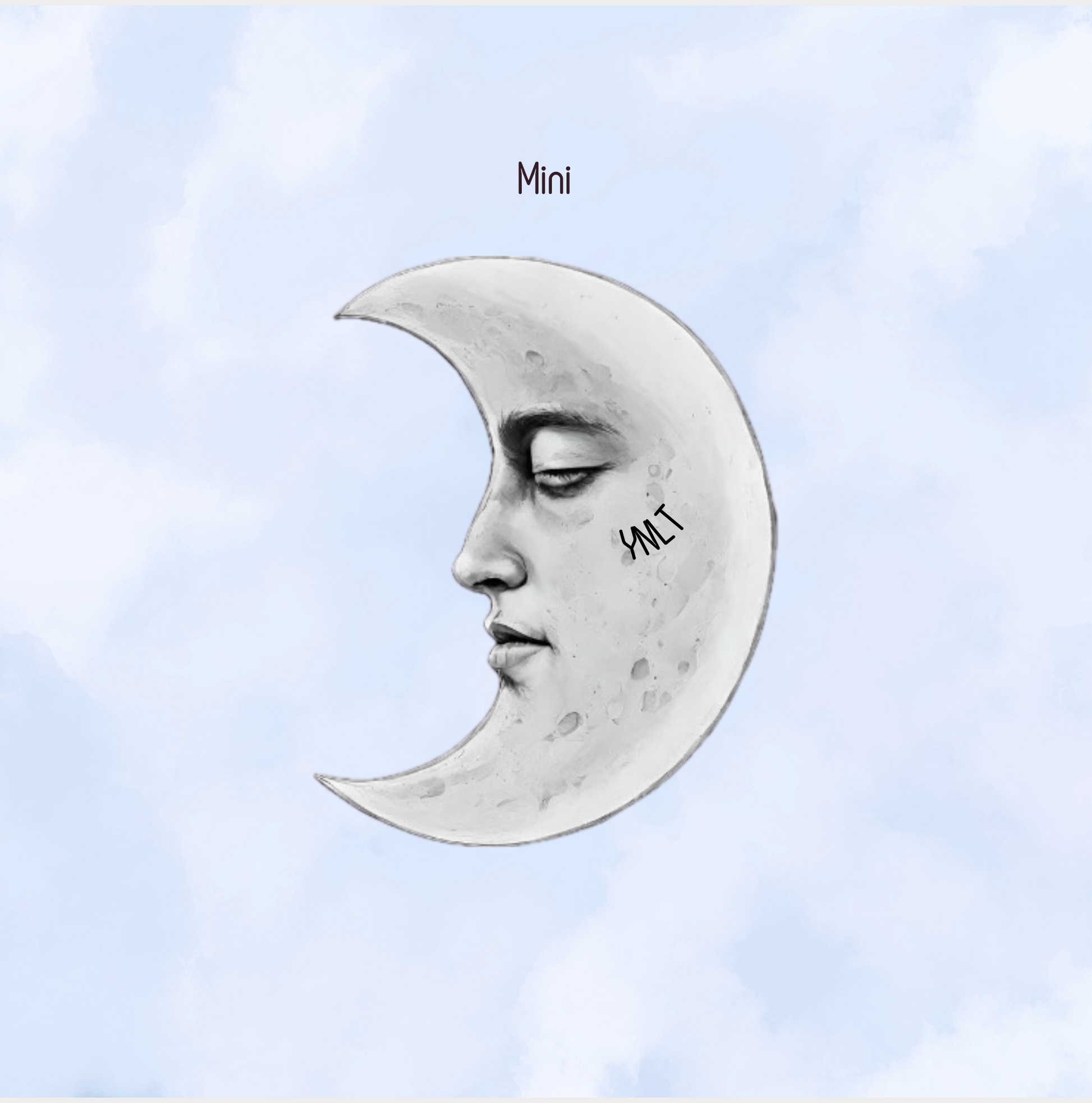 Crescent moon with a face on a light blue background, featuring the word 'Mini'.