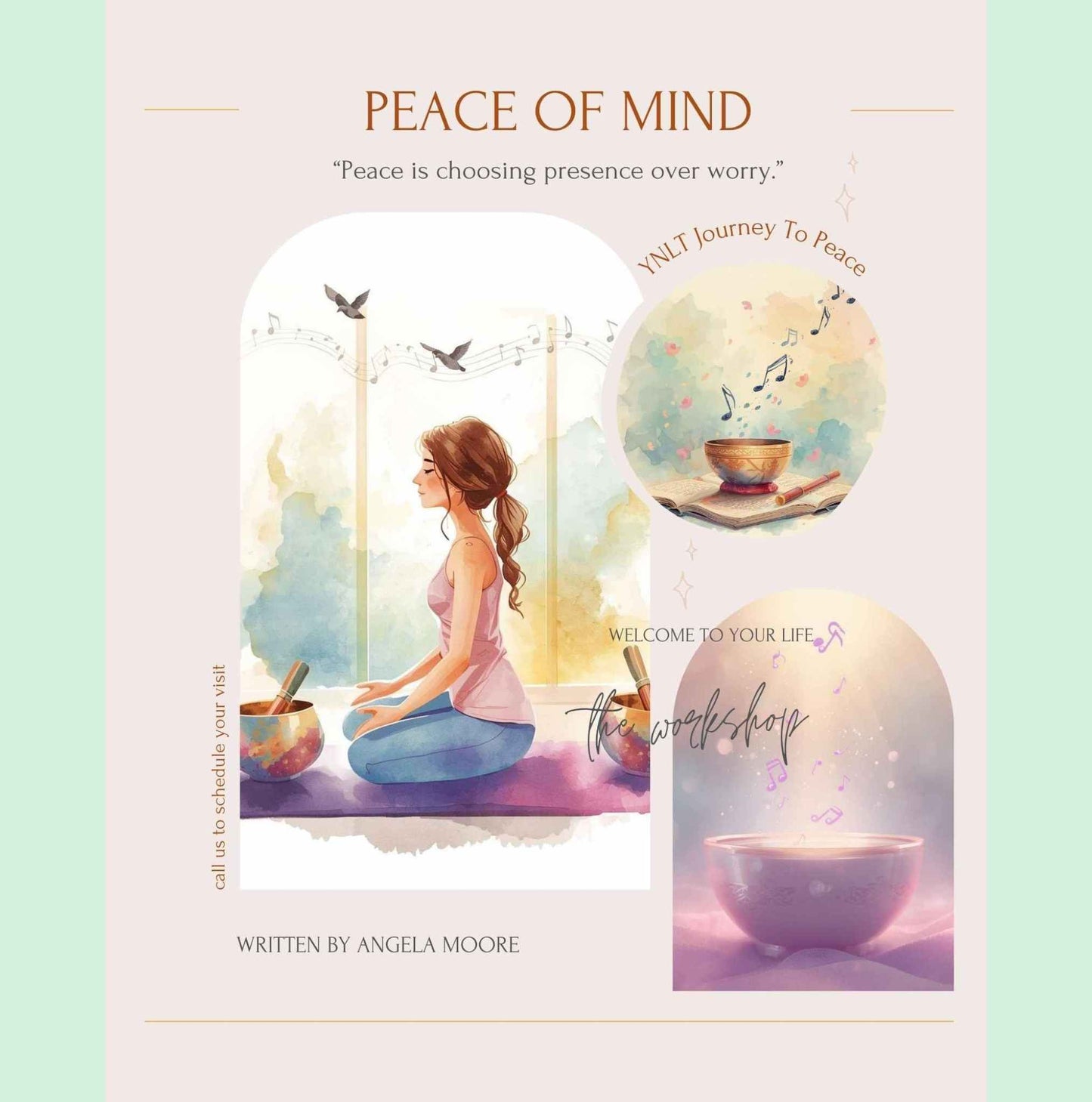 Book cover with a woman meditating, titled 'Peace of Mind' by Angela Moore.